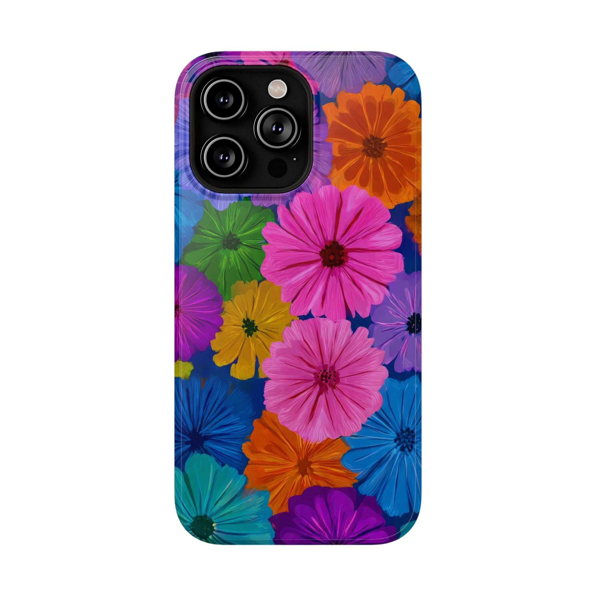 Colorful floral phone case with raised camera module, vivid pink and blue flower pattern
