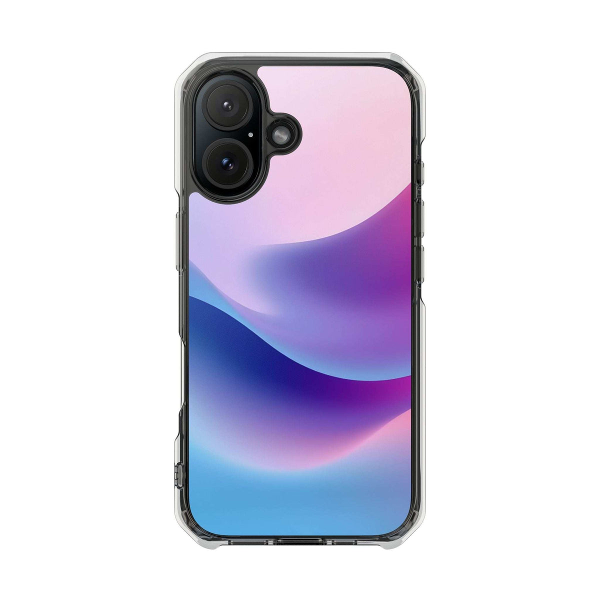 Pastel wave iPhone case with dual camera cutout and purple-pink-blue gradient art