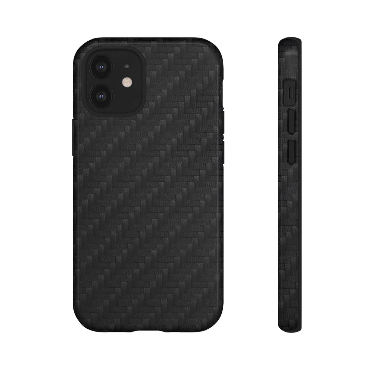 Black carbon fiber phone case with camera cutout, glossy finish, back and side view