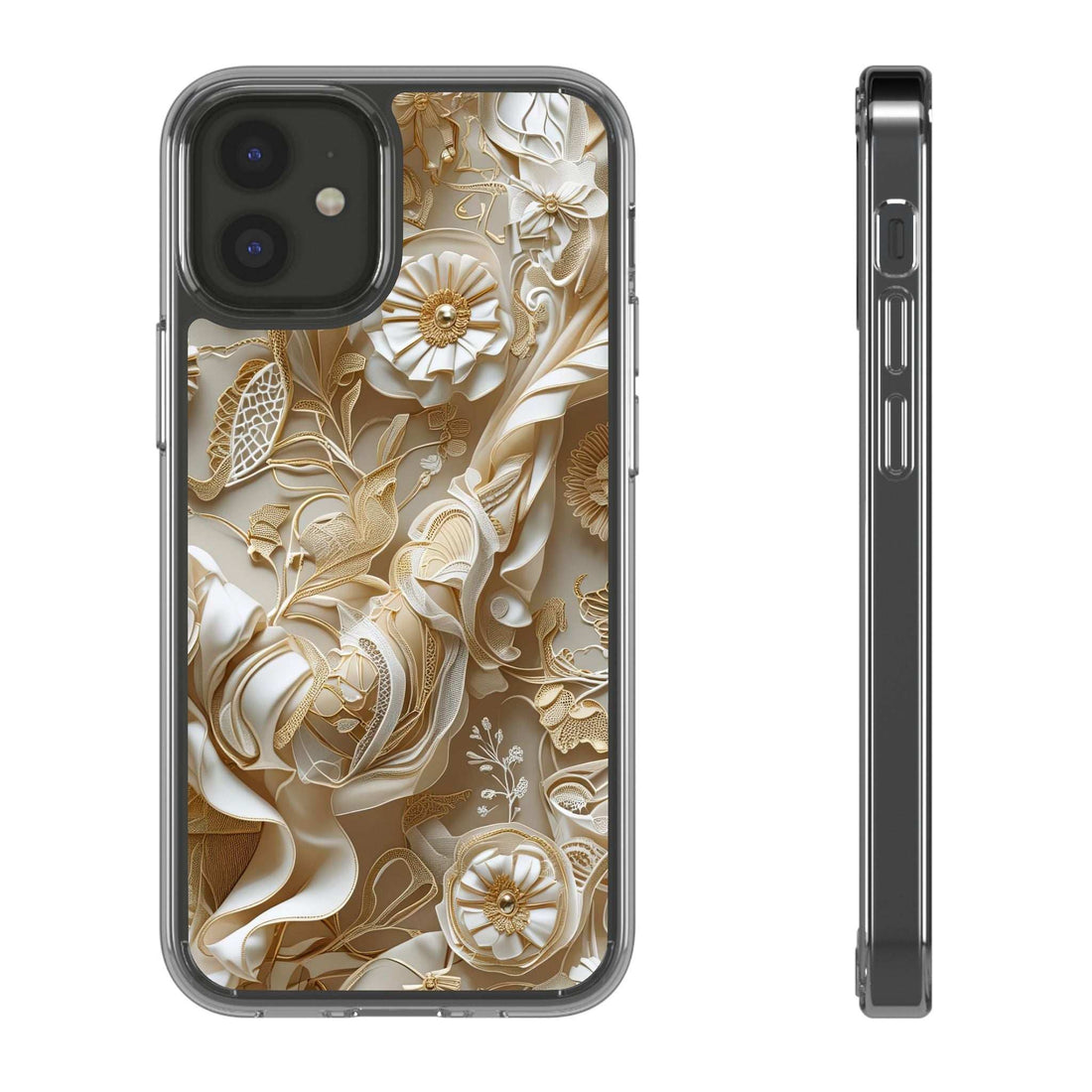 Clear phone case with gold and cream floral design, raised camera cutouts