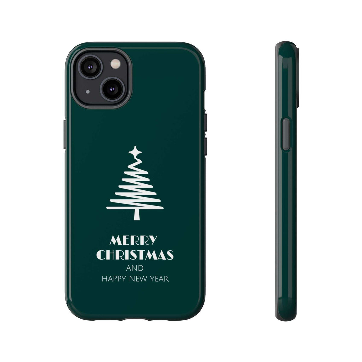 Dark green glossy phone case with white Christmas tree and “Merry Christmas” text