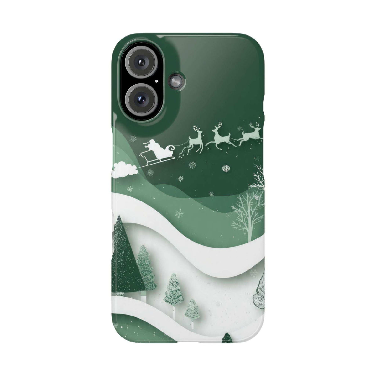 Green evergreen forest phone case with white wave, trees, sleigh, and reindeer graphic.