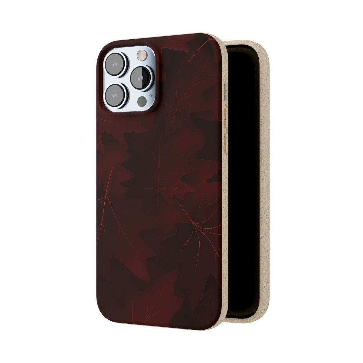 Burgundy leaf-pattern phone case with beige backing, front and side view.