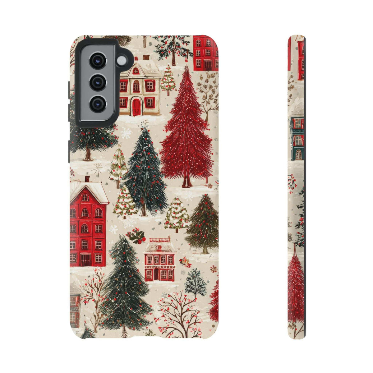 Winter village phone case with snowy red houses and evergreen trees, visible camera cutouts.