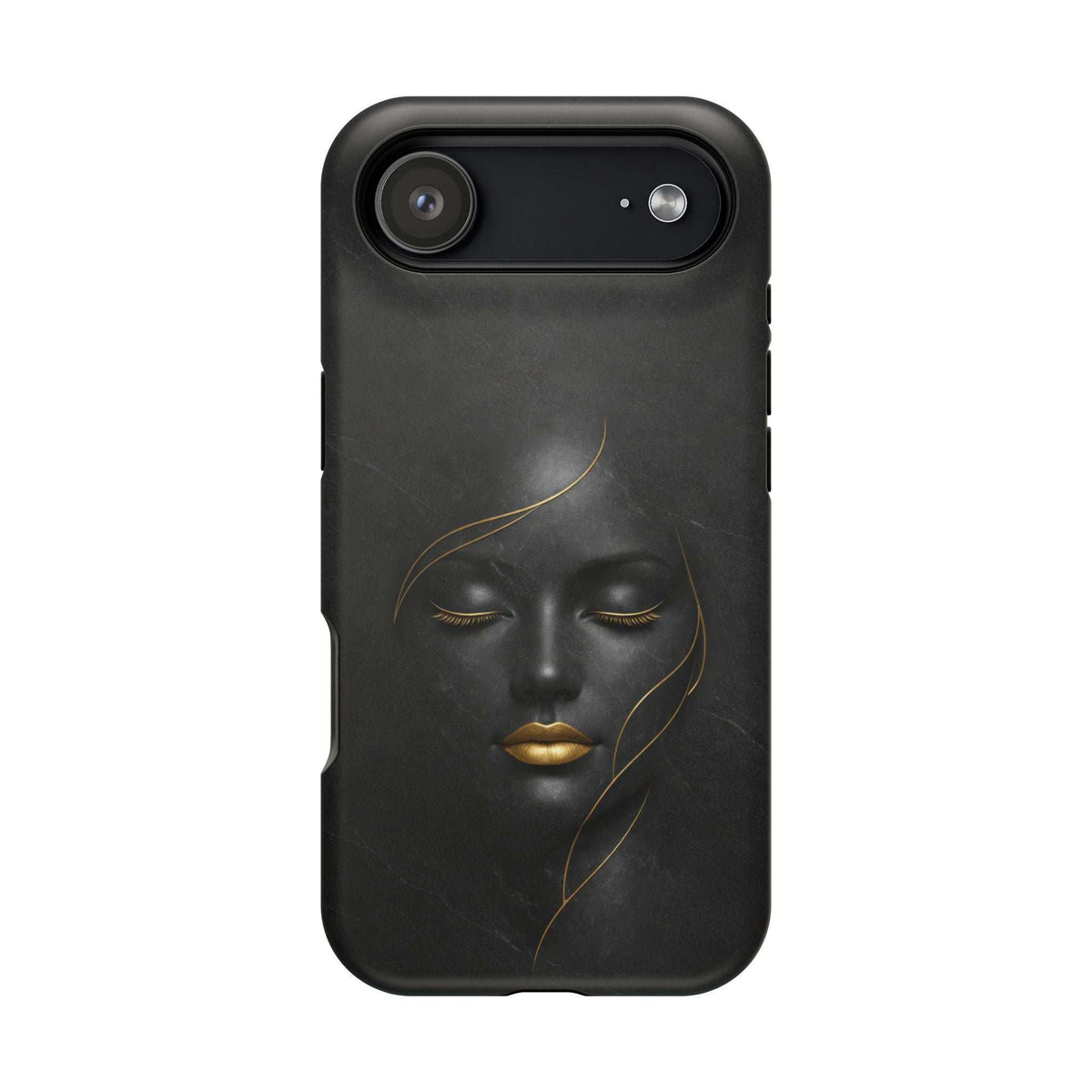 Black smartphone case showing gold face illustration with camera and flash openings
