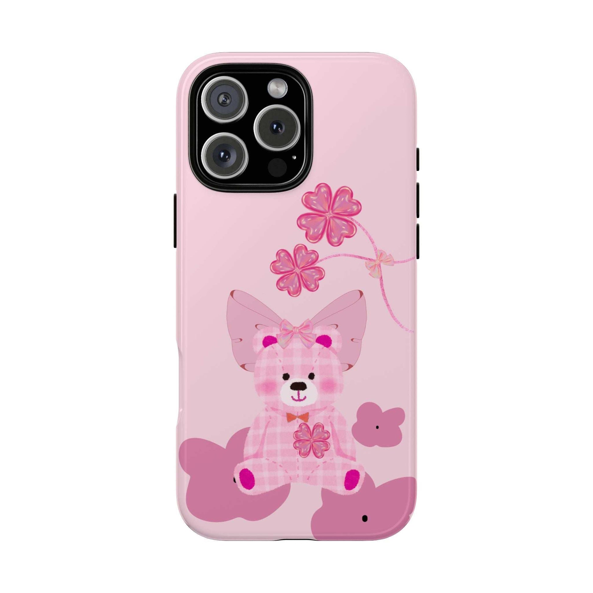 Pink phone case with teddy bear and flower vine graphic, camera cutouts visible.