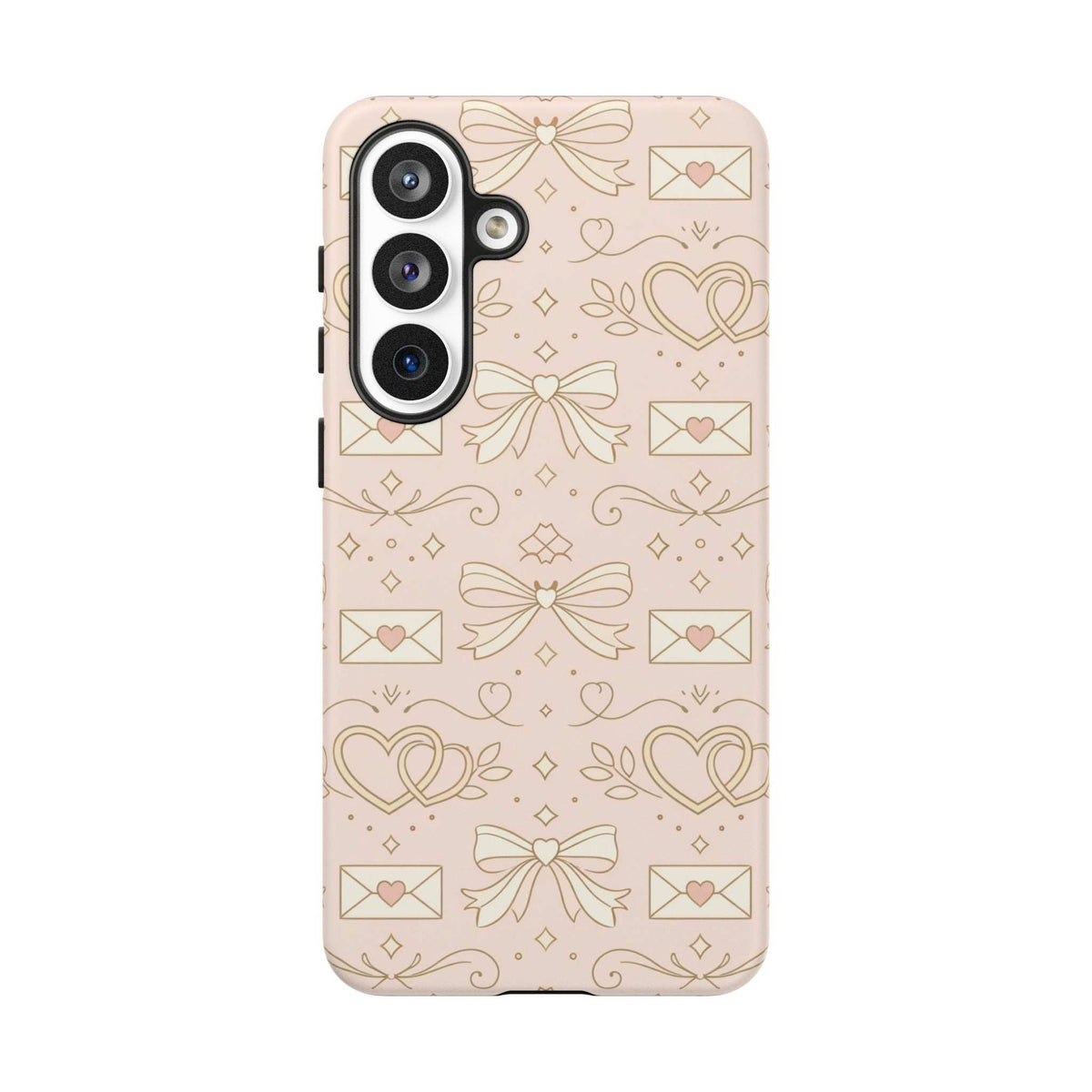 Light pink phone case with hearts and bows, side view with camera module