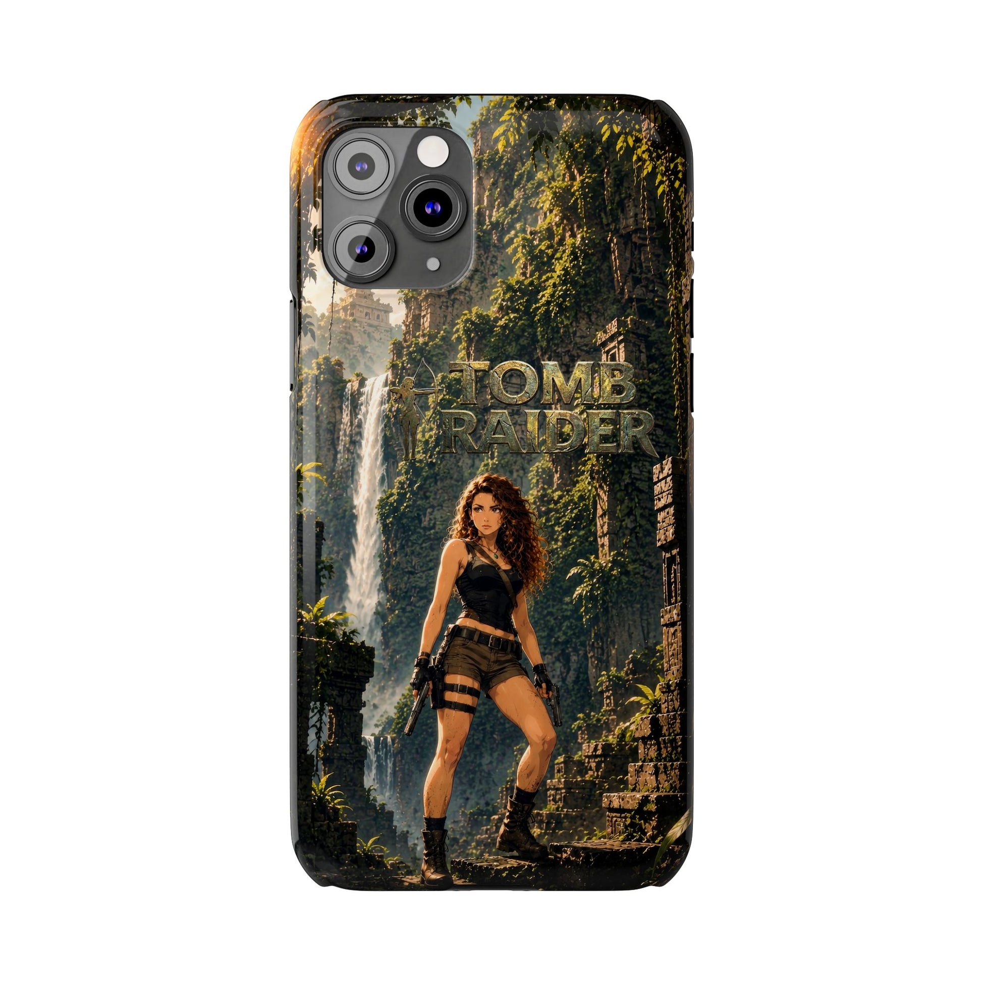 Slim iPhone phone case with Tomb Raider jungle artwork and raised camera bump cutouts
