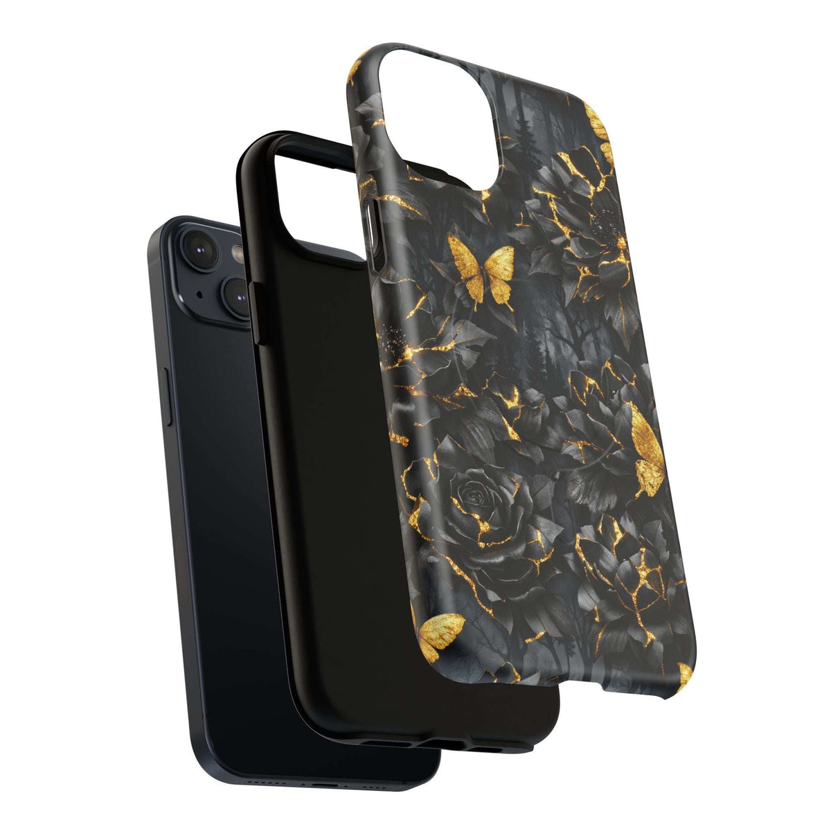 Black phone case featuring gold crackle rose and butterfly pattern with camera opening.