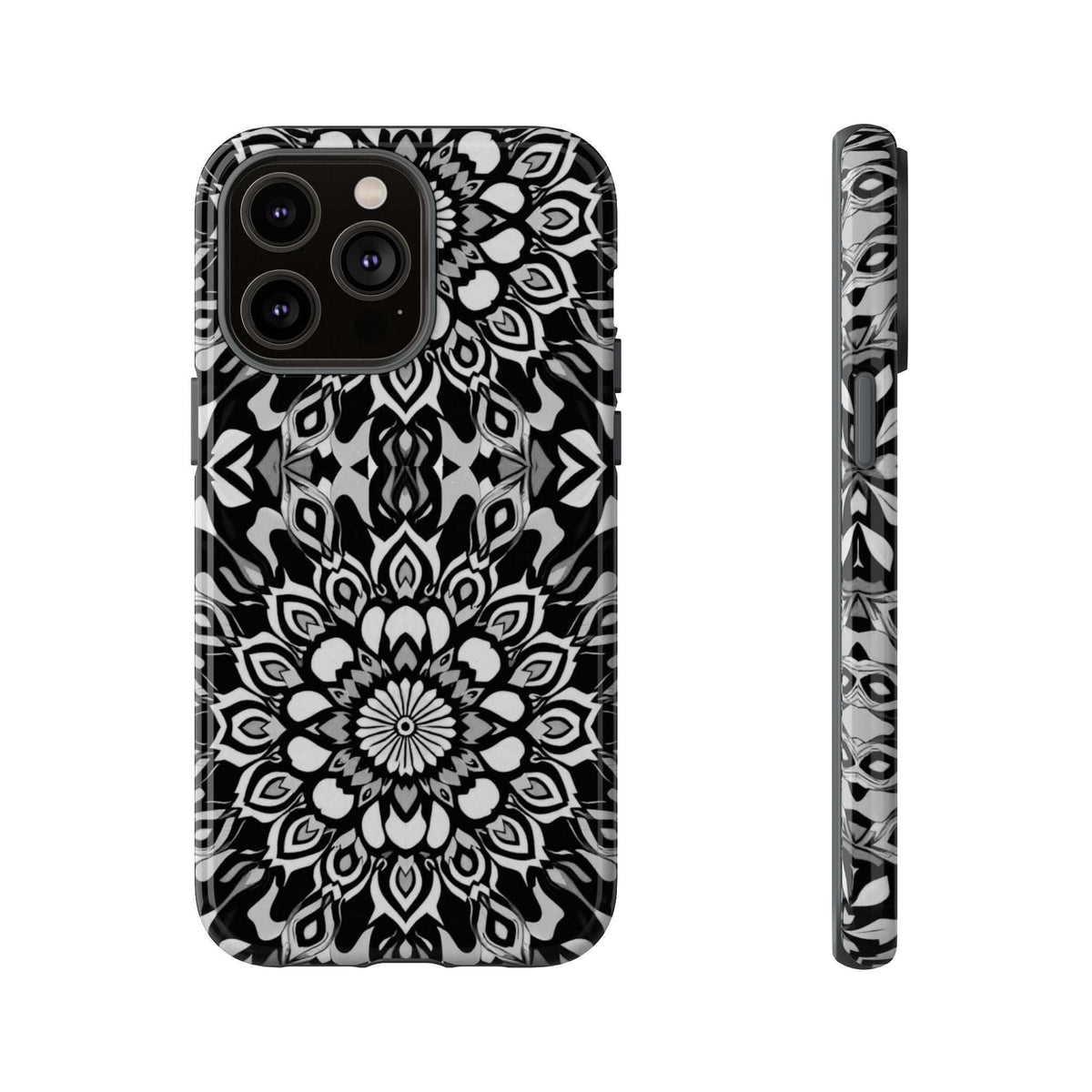 Mandala phone case with black-and-white mandala design and camera openings plus side edge