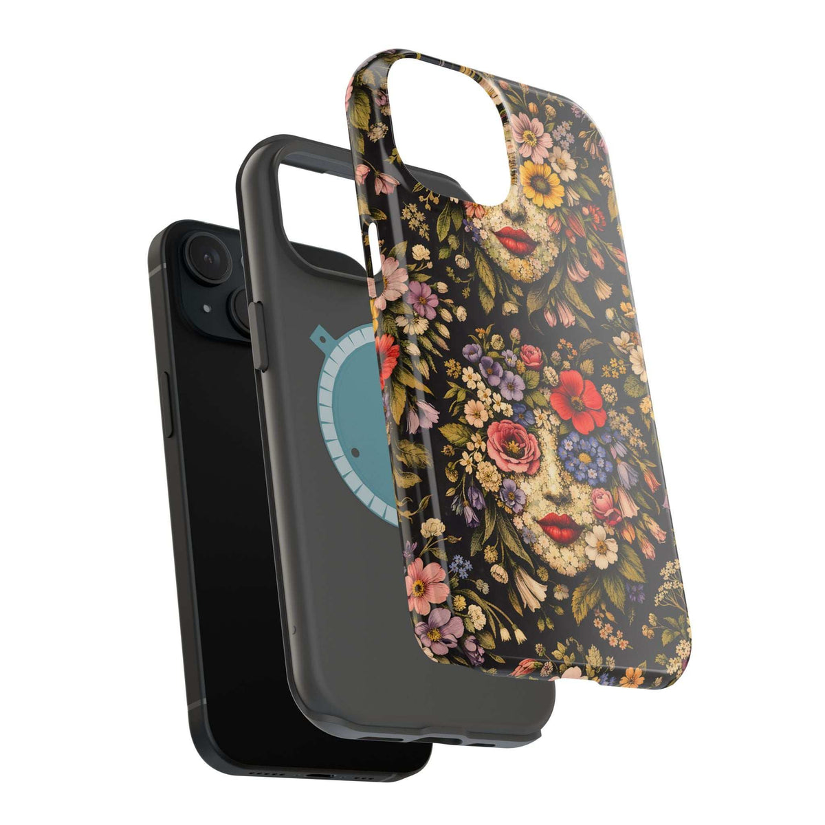 iPhone case with floral face artwork on a dark background; exposed side buttons cutout