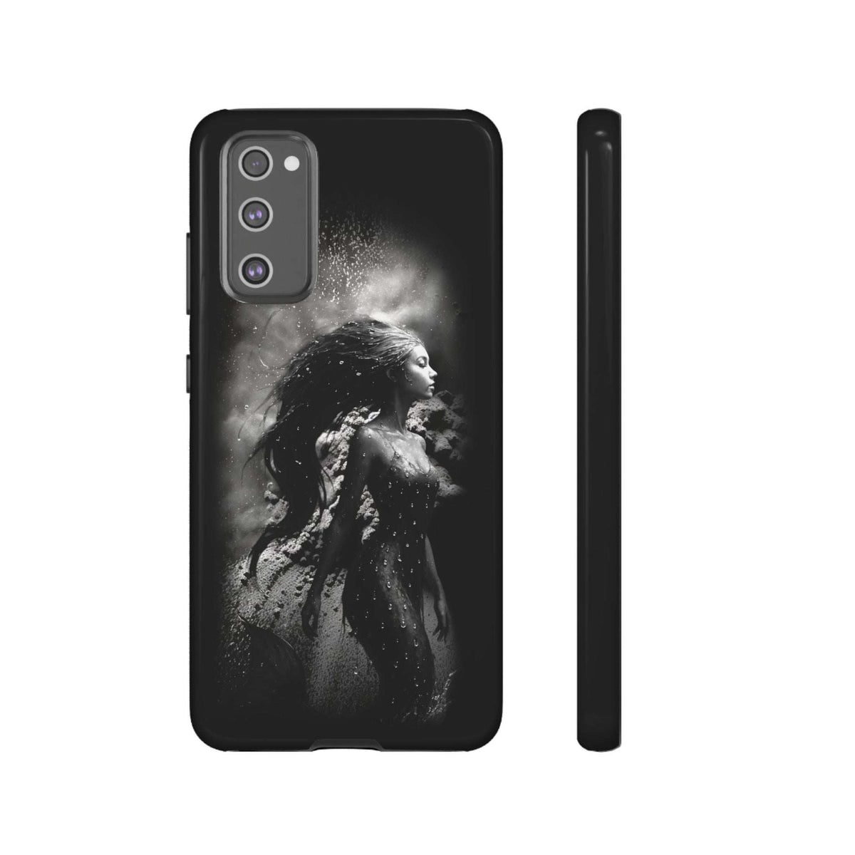 Black phone case with monochrome mermaid graphic, two-tone camera cluster, side edge