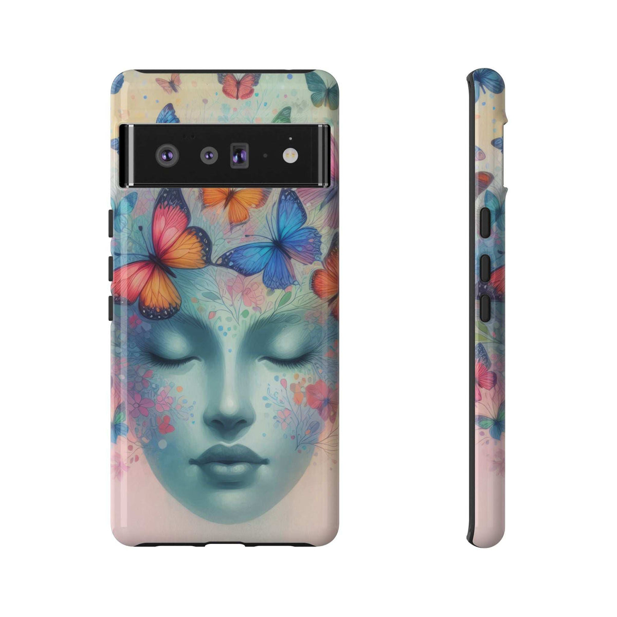 Phone case with butterfly and pastel face graphic, showing camera lenses and flash cutouts.