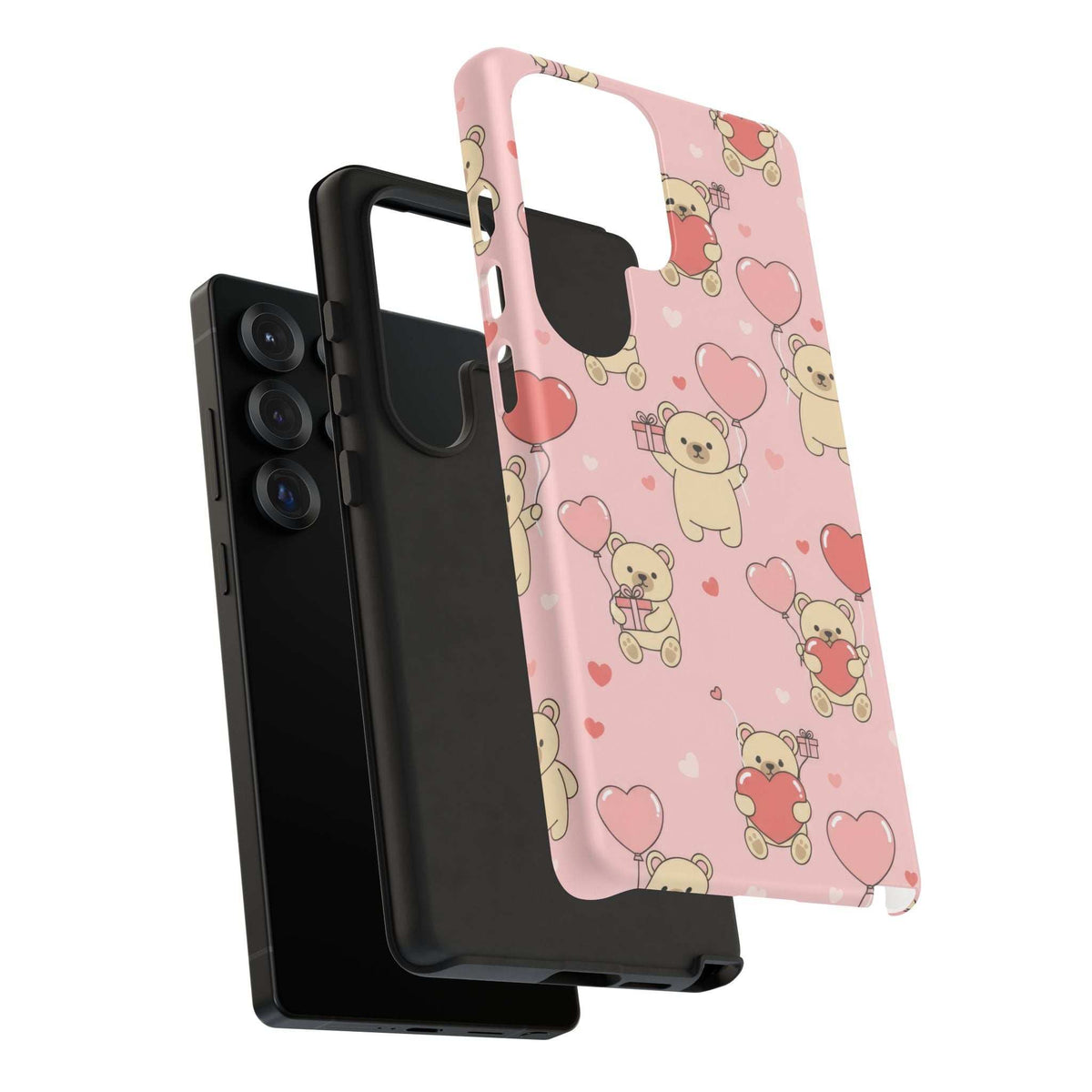 Pink teddy bears and hearts phone case with camera opening and black protective rim
