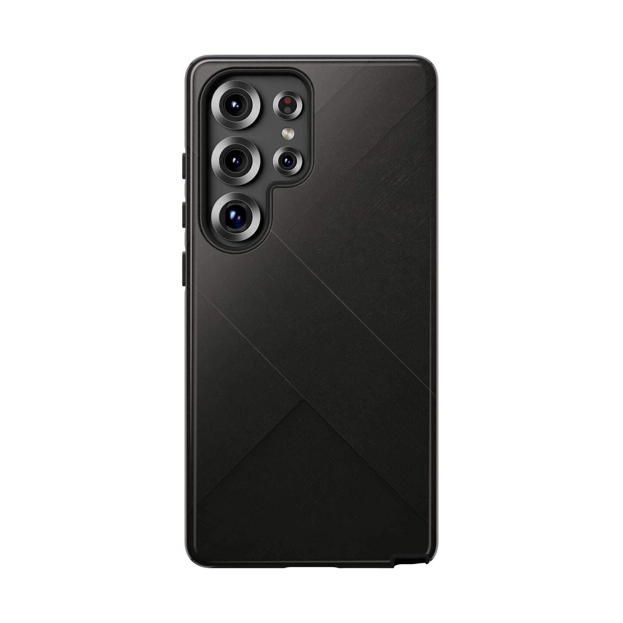 Matte black phone case with diagonal line pattern and multi-camera cutouts, back view
