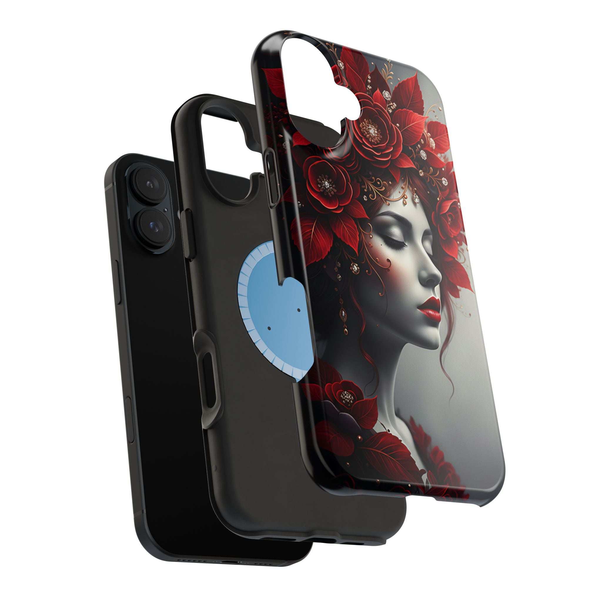 Floral portrait phone case featuring woman face in profile, black frame around design.