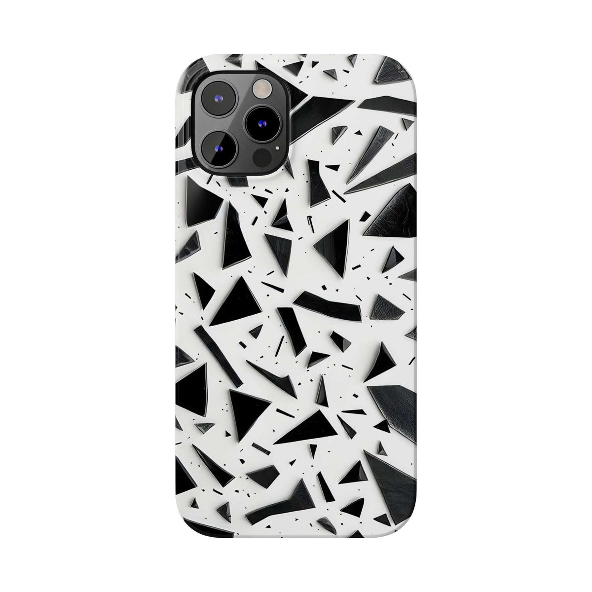 Slim phone case with black and white abstract shards, smooth back with camera cutouts