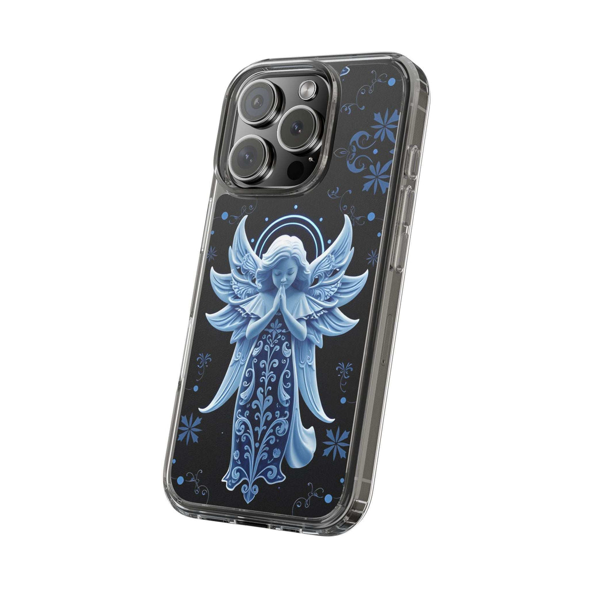 Phone case with transparent border and blue angel prayer artwork, raised camera cutouts