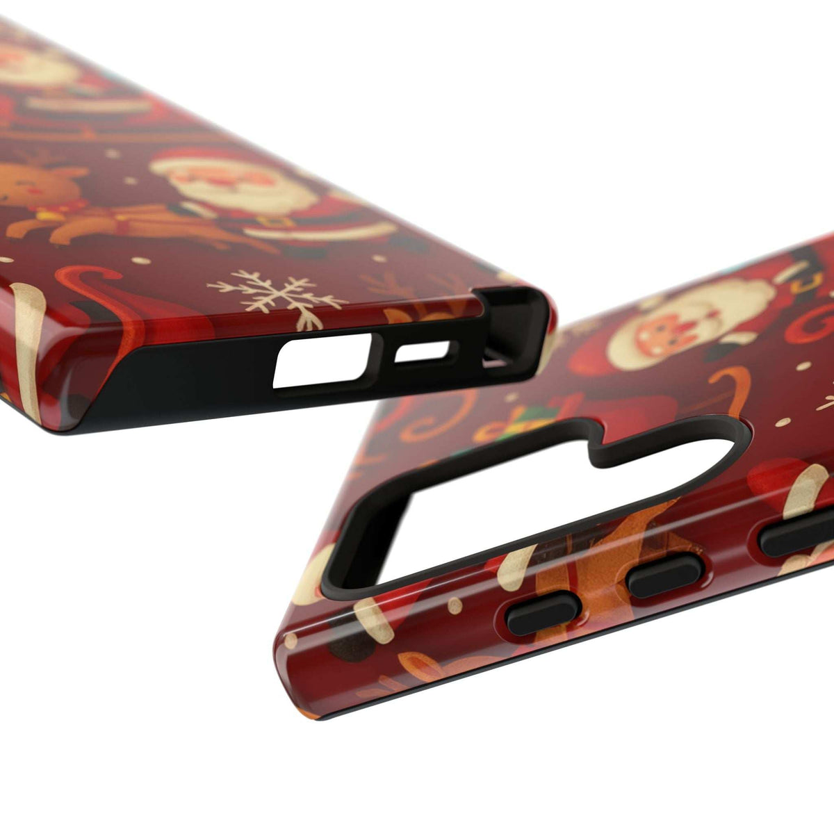 Glossy red phone case corner view with screen and side button openings
