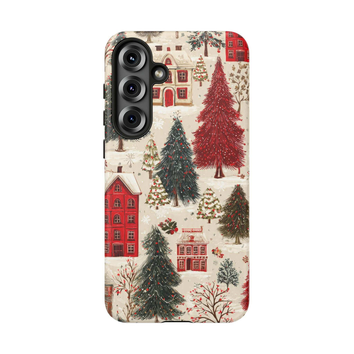 Phone case back view angled slightly left, winter village artwork with red houses and pine trees