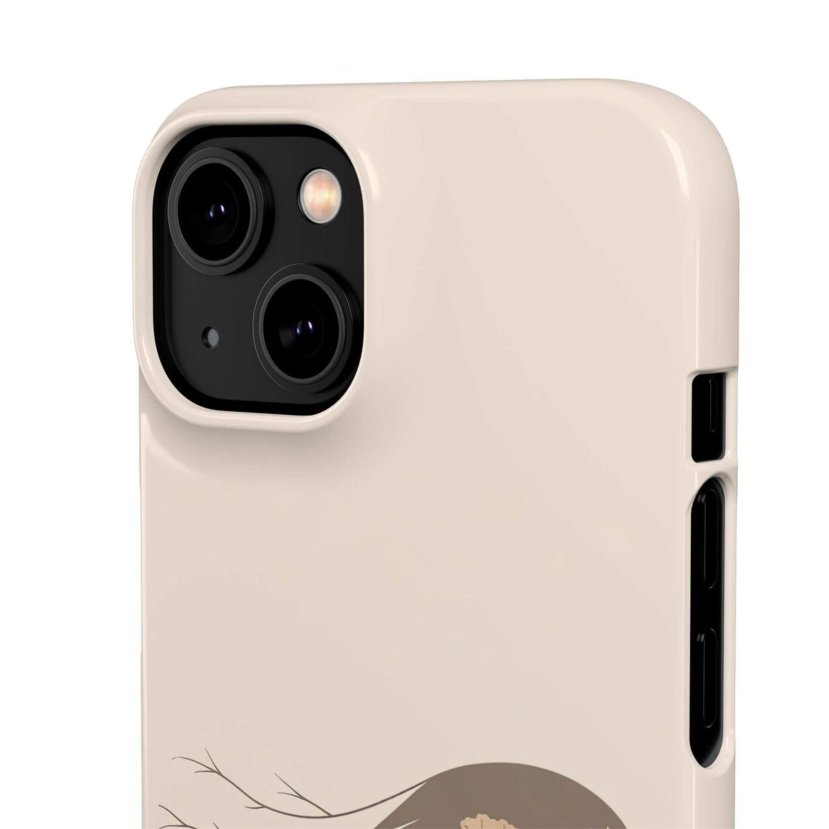 Beige phone case with black dual-camera module and flower-and-vine design on back