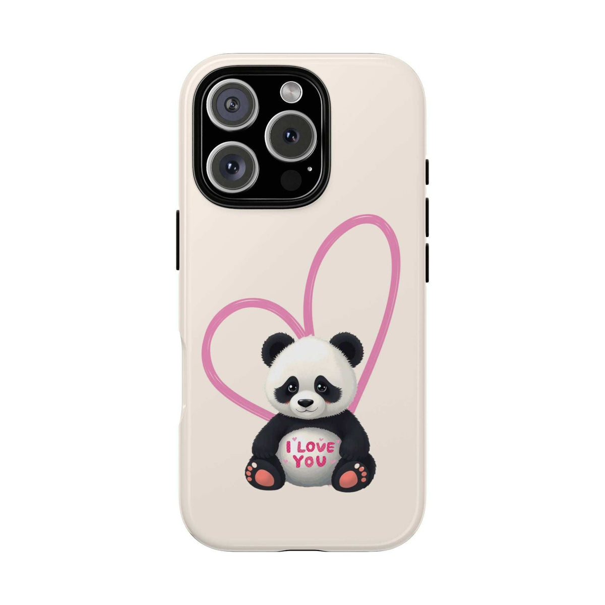 Beige phone case with panda in pink heart, top camera module and cutouts visible