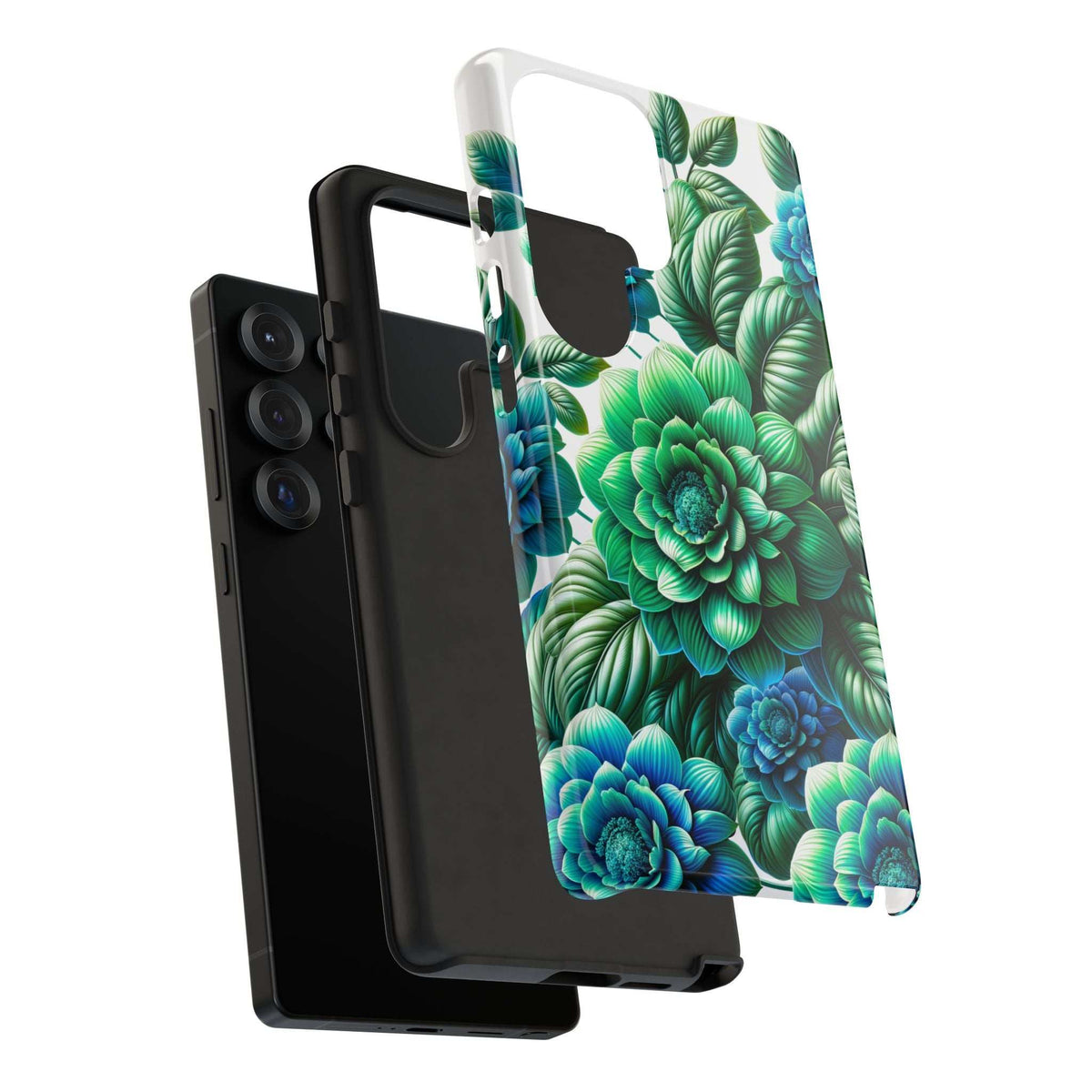 Green and blue floral phone case with camera and button openings, back view