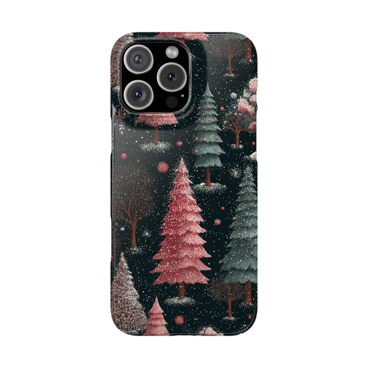 Glossy phone case with dark winter forest and pink trees; multi-camera cutout