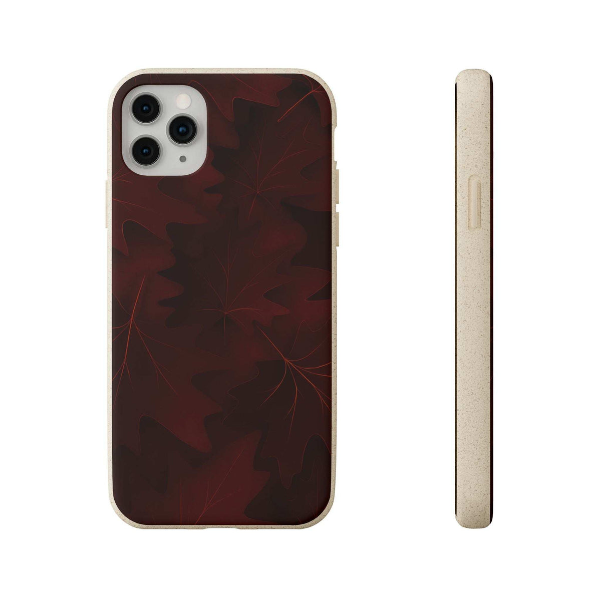 Phone case with dark red leaf pattern and beige border, with camera cutouts