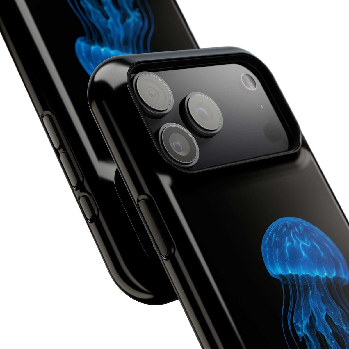 Black phone case with blue jellyfish print; raised camera bump and lens cutouts.