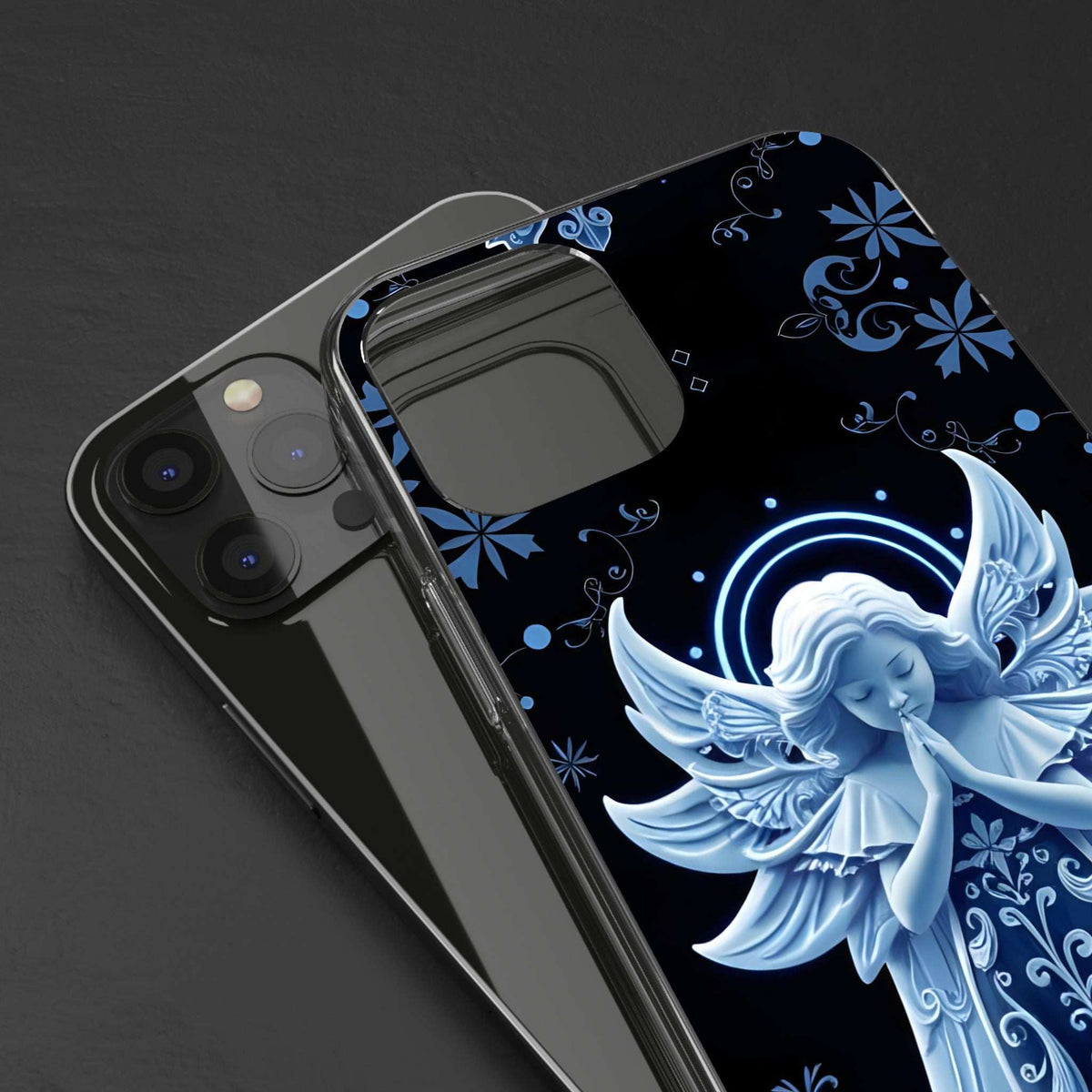 Clear-edged blue angel prayer phone case with neon halo circle and floral pattern