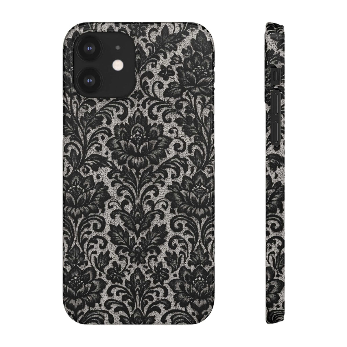 Black damask floral phone case back with dual camera cutouts and patterned edge