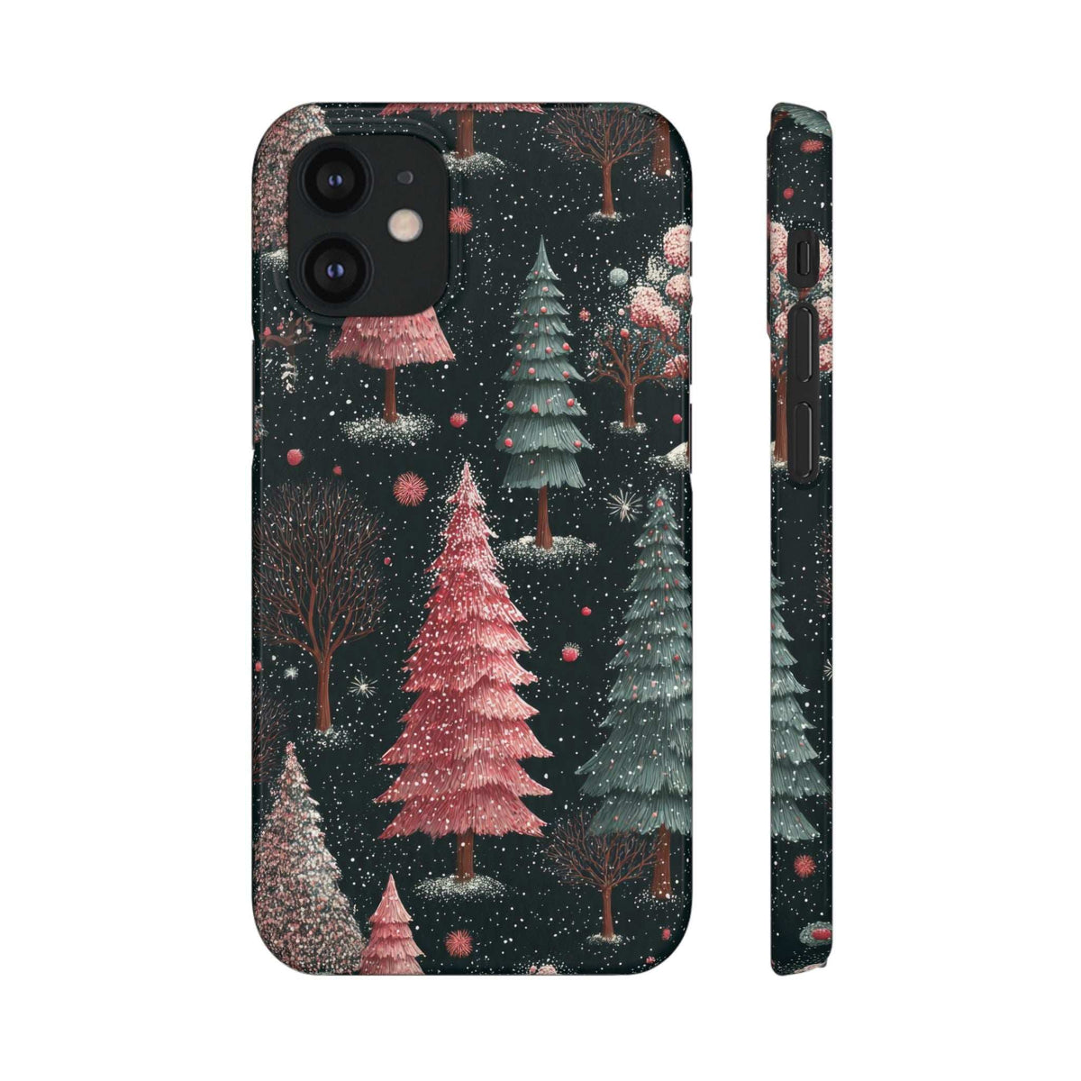 Glossy phone case with winter forest pine trees and snow speckles for iPhone/Galaxy