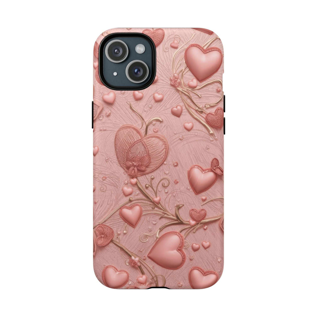 Pink phone case with textured heart-and-branch motif, iPhone camera window visible