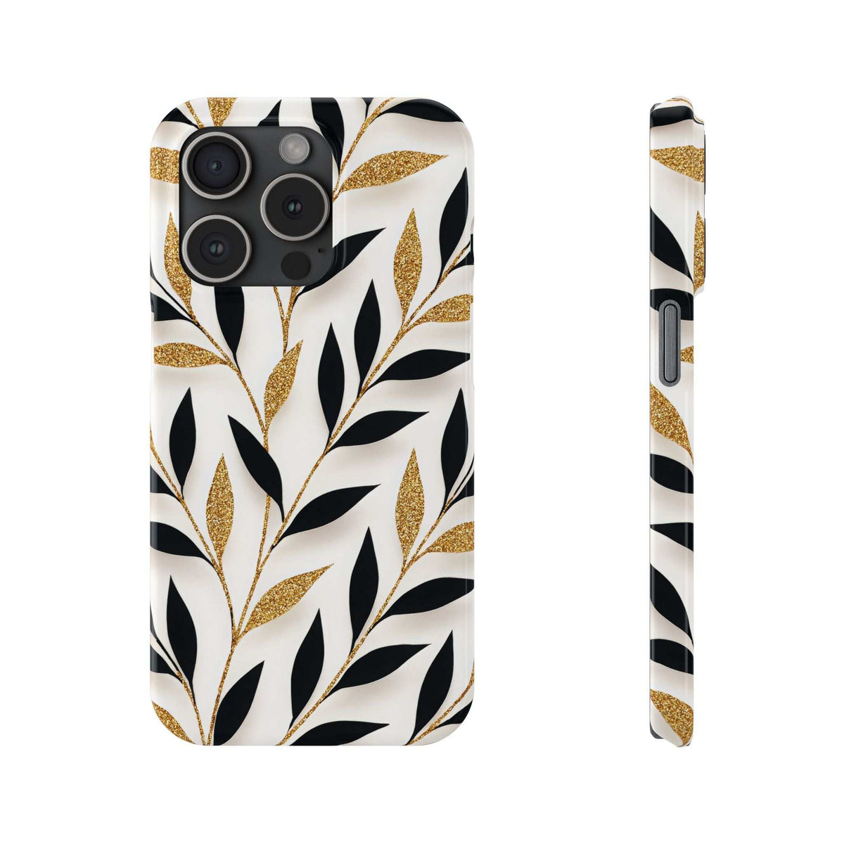 White botanical phone case with black leaves and gold glitter accents; front camera openings visible.
