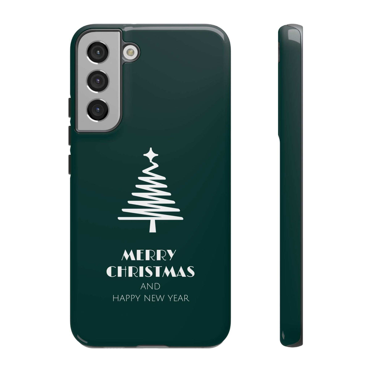 Dark green glossy phone case with white Christmas tree and “Merry Christmas” text