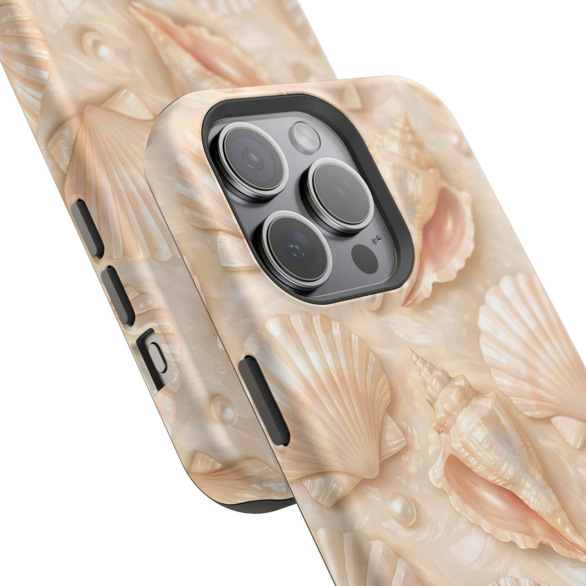 Beige seashell phone case with MagSafe camera surround and side cutouts