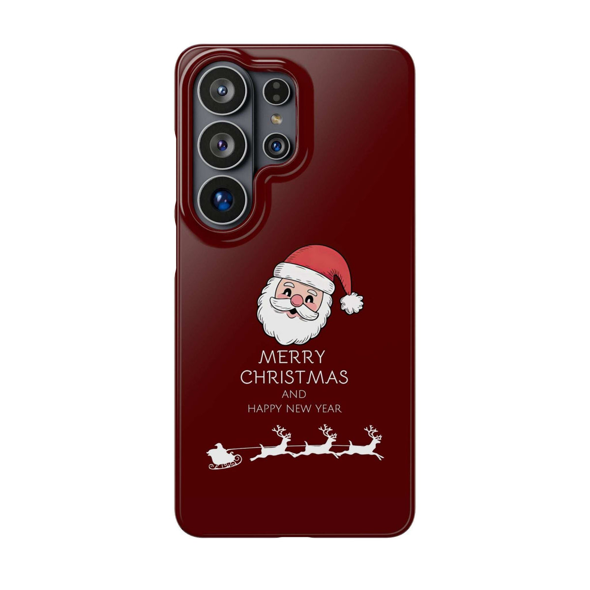 Maroon glossy phone case with Santa art and camera cutouts for multiple lenses