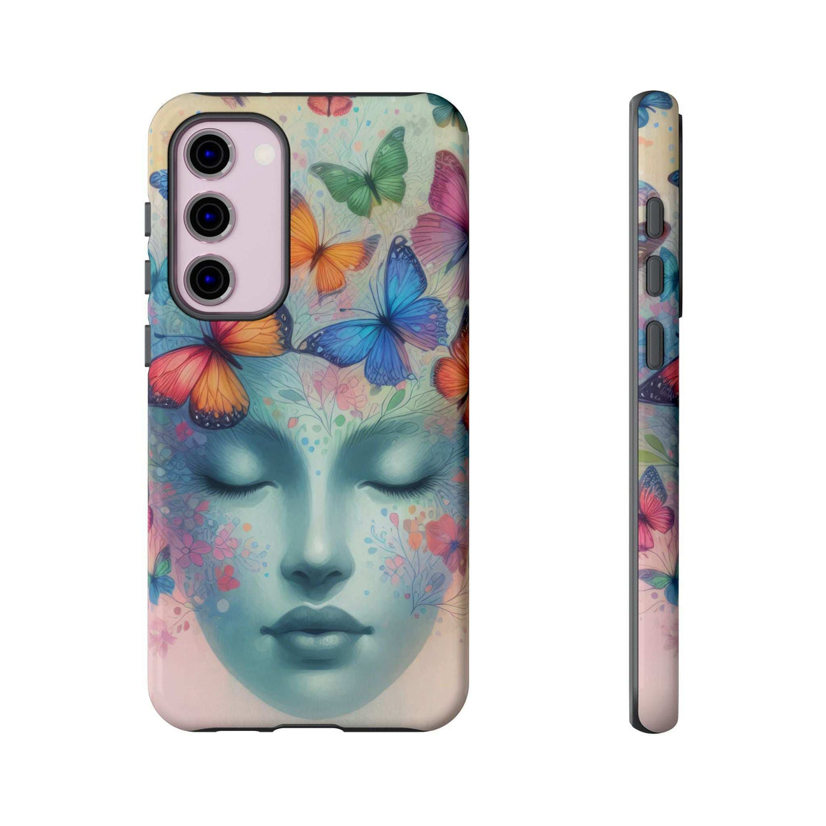 Phone case with butterfly collage and blue face portrait, right side shows raised edge