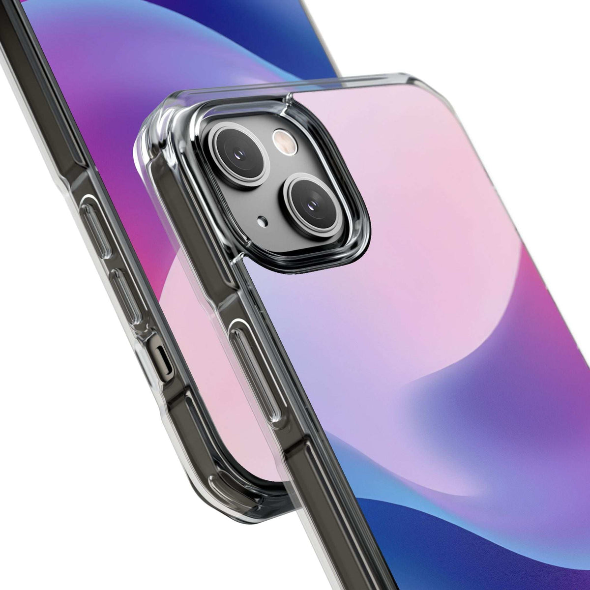 Angled view clear pastel wave phone case, side button openings and camera cutout detail.