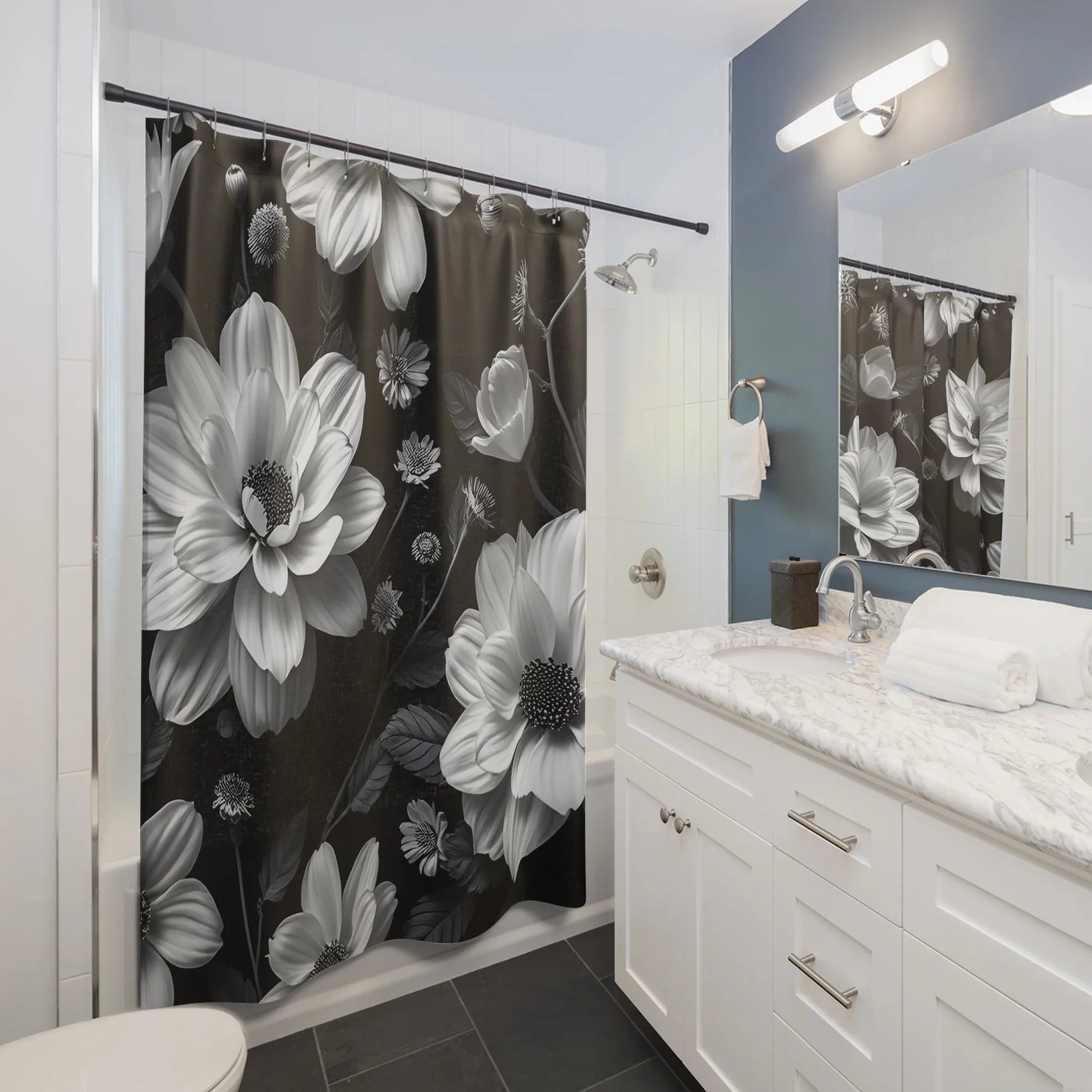 Elegant Floral Shower Curtain Timeless Black & White Bathroom Decor - KarArmDesign