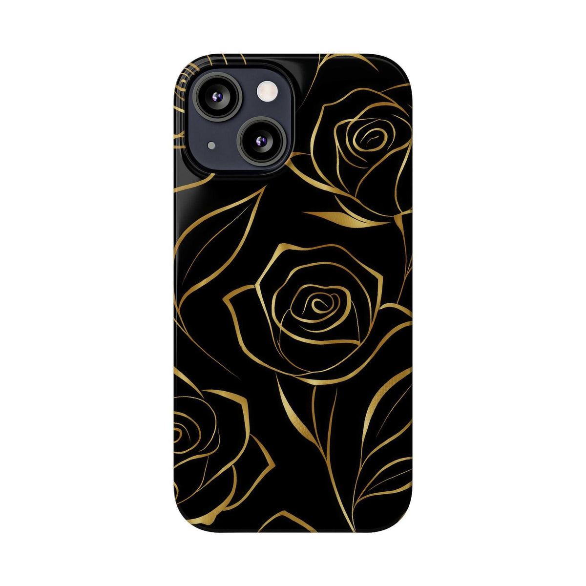 Black phone case with gold rose line art and lens openings on back