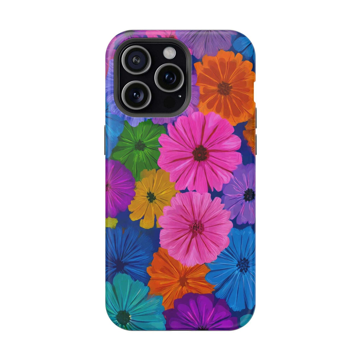 Colorful flower print phone case with triple-lens camera cutout and flash opening