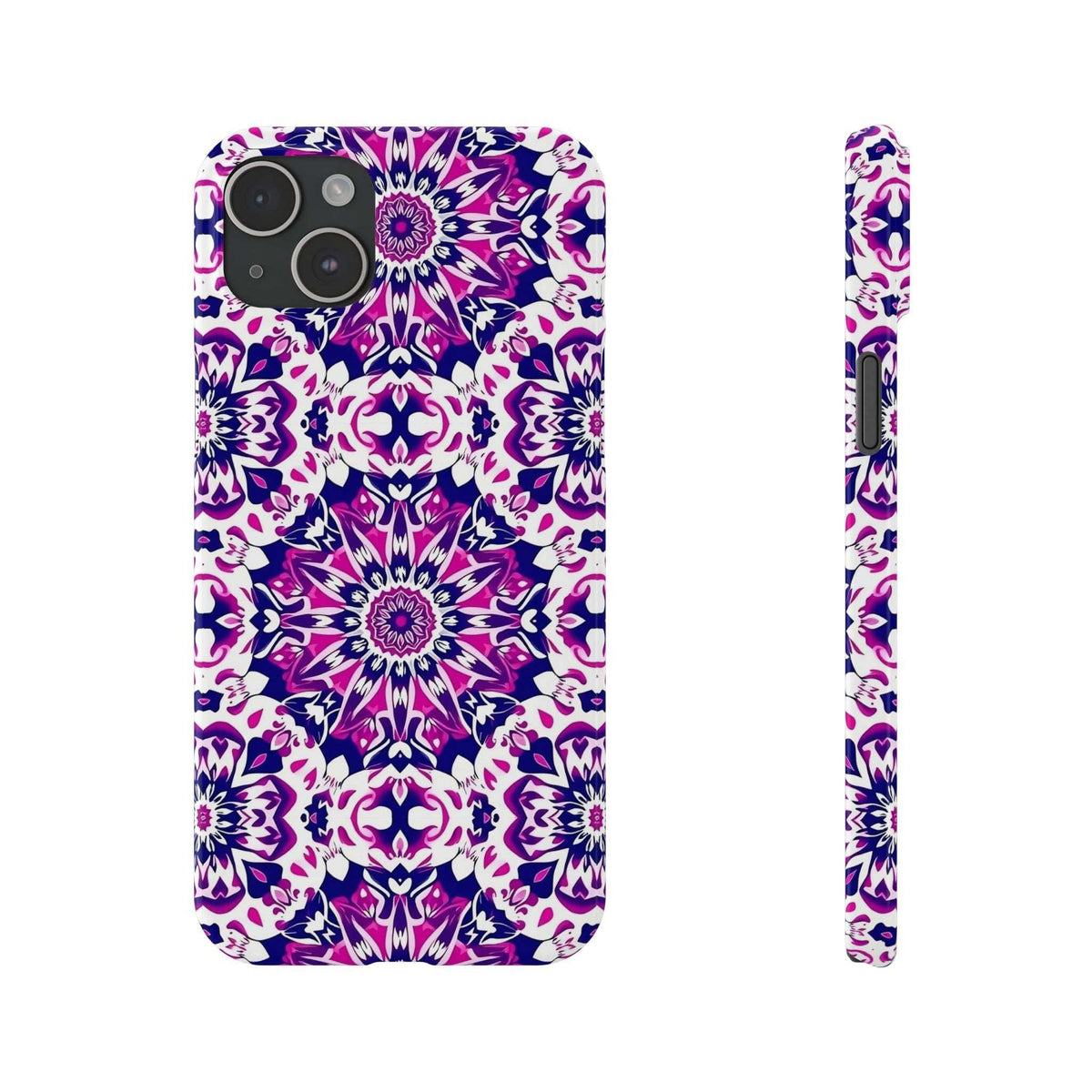 Purple and white mandala phone case, front view with camera cutouts and side profile