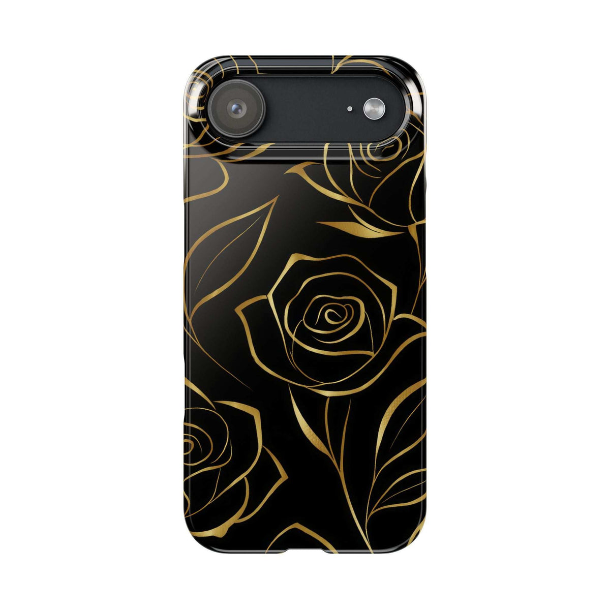 Black phone case with gold roses line art and raised camera bezel