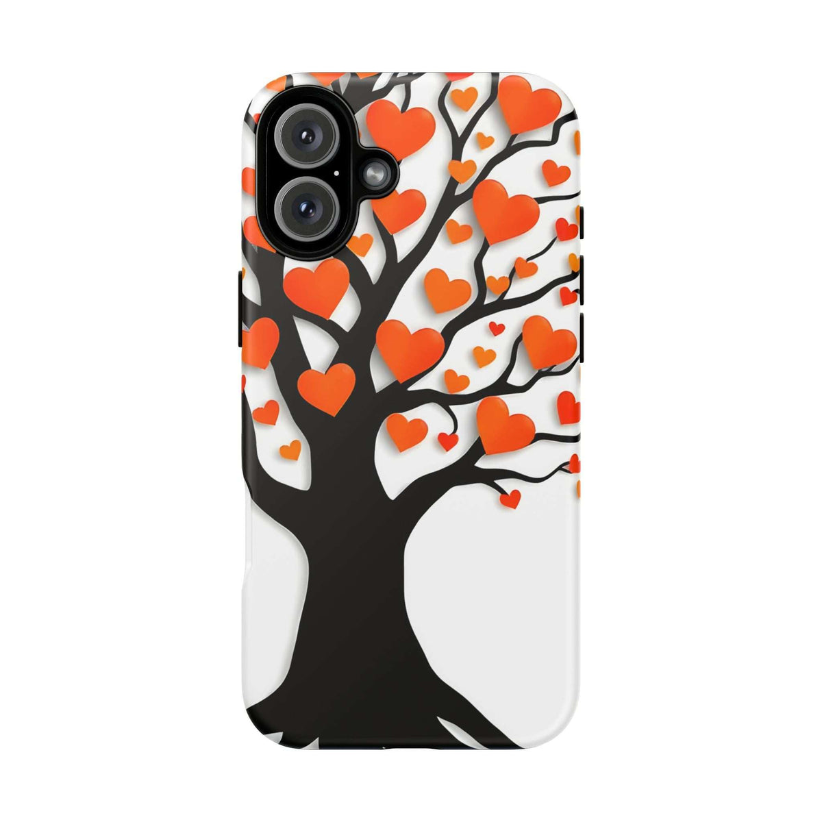 Heart tree phone case with orange hearts and black tree design on white backing