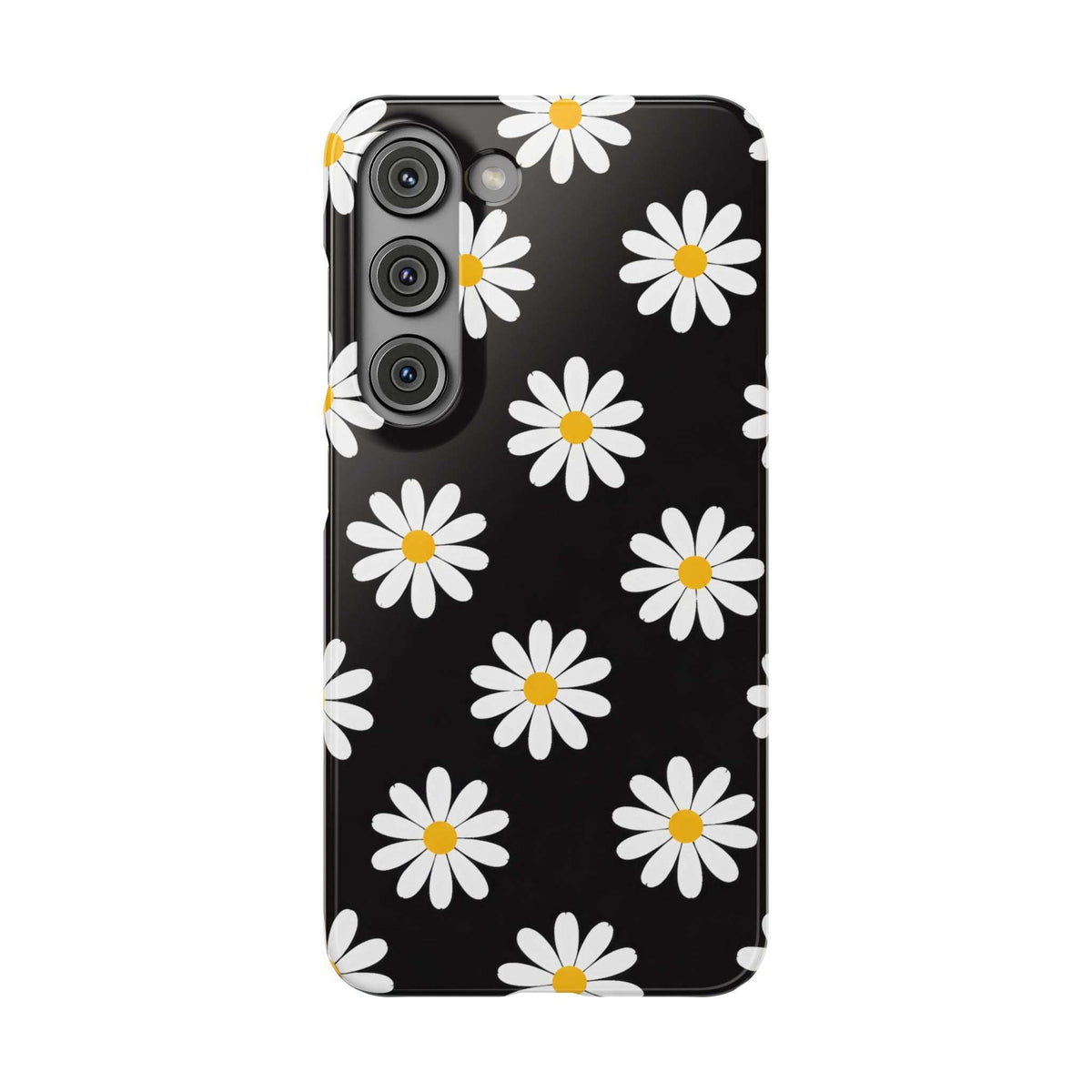 Black phone case with white daisies and yellow centers; camera lenses and flash opening visible.
