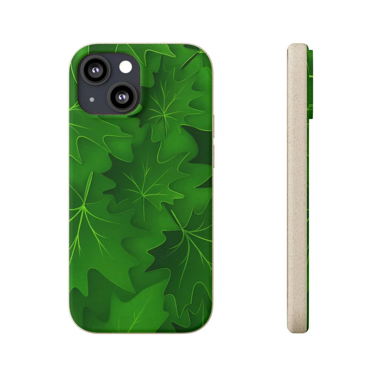 Phone case with green botanical leaf pattern, back camera cutouts and side profile