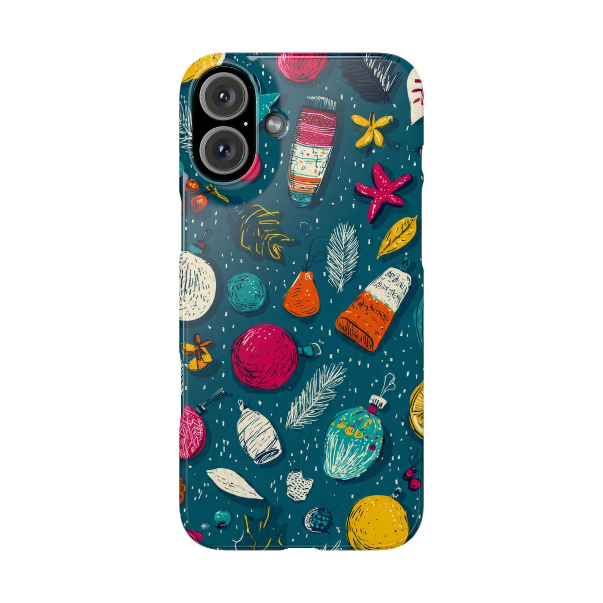 Teal winter phone case with ornaments, snowflake shapes, and starfish design