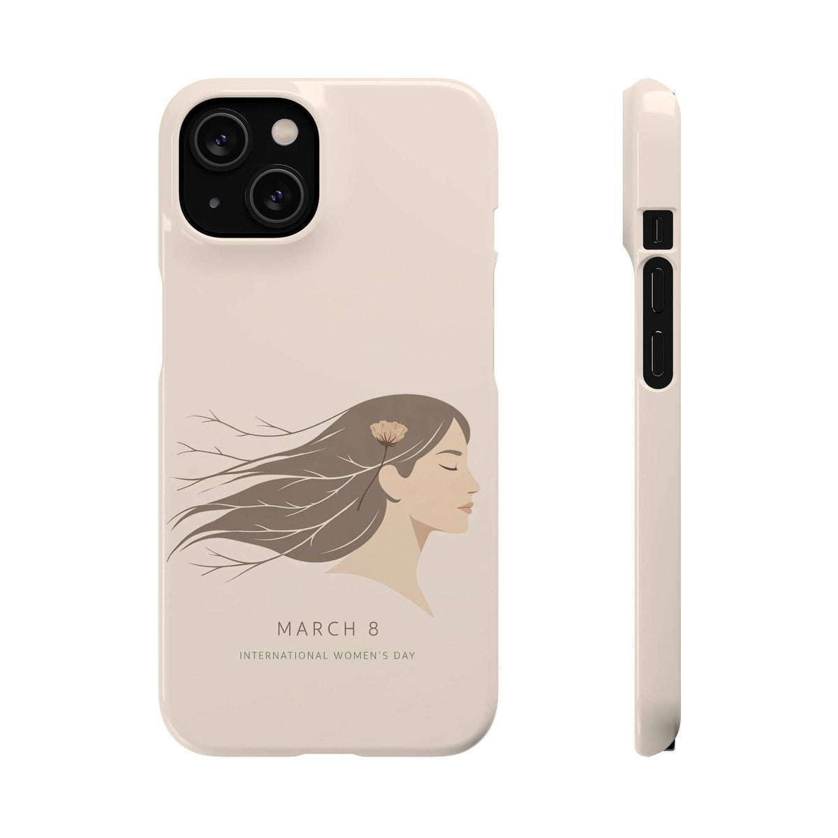 Light beige phone case with World Women's Day profile graphic and dual-camera cutout